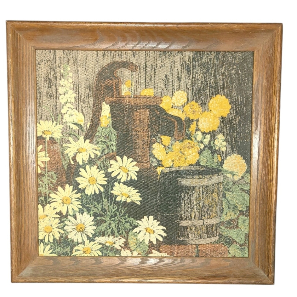 1950s Kay Dee Handprints Wood Framed 100% Pure Linen Screenprint By Hand 16"x16"